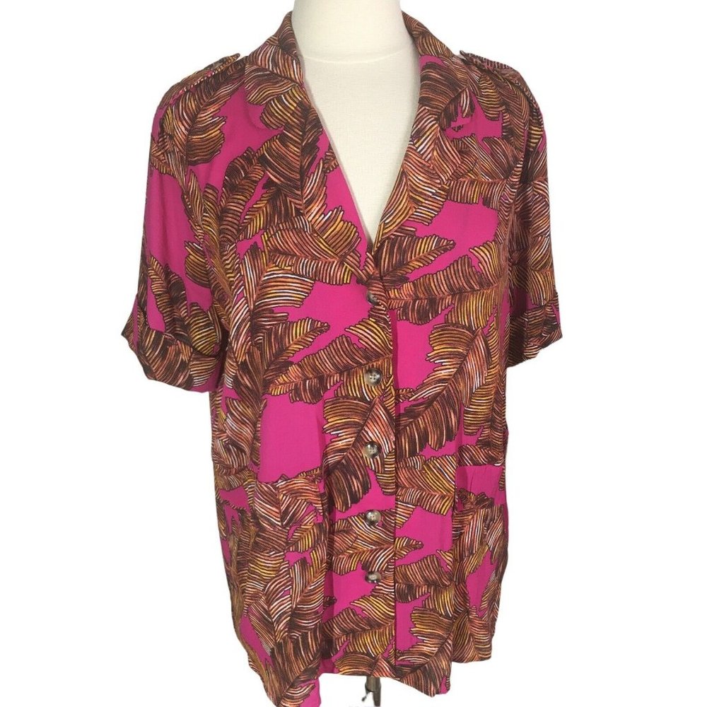 Worthington Women'sv XL Button Front Blouse Fuchsia Tropical Short Sleeve NWT